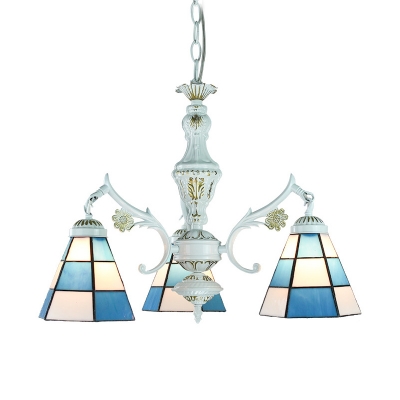 Glass Cone/Dome Chandelier Restaurant 3 Lights Mediterranean Style Suspension Light in Blue/White