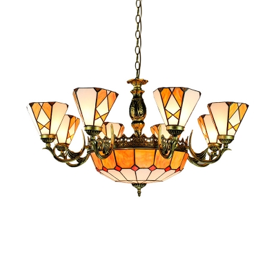 Glass Cone Dome Pendant Light Living Room 11 Lights Tiffany Style Vintage Chandelier in Yellow
