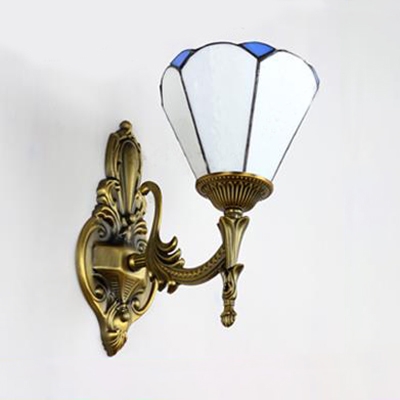 Glass Cone Wall Light Bedroom Bathroom 1 Light Tiffany Style Sconce Lamp in Blue/White