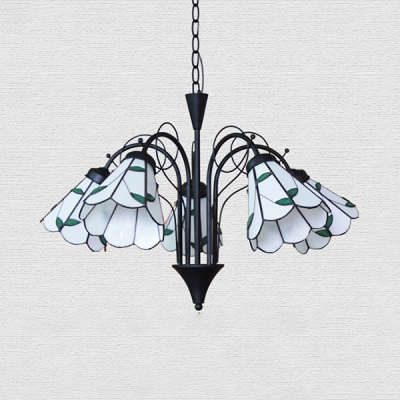 Glass Conical Ceiling Light with Leaf 5 Lights Rustic Chandelier in White for Bedroom Balcony