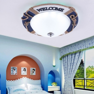 Glass Dome LED Flush Mount Light Creative Ceiling Light with Rope Decoration for Boy Bedroom