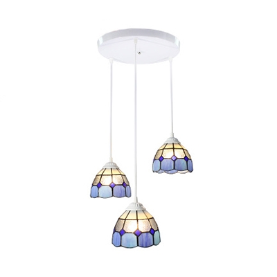 Glass Grid Bowl Pendant Lighting 3 Lights Tiffany Antique Ceiling Pendant for Dining Room
