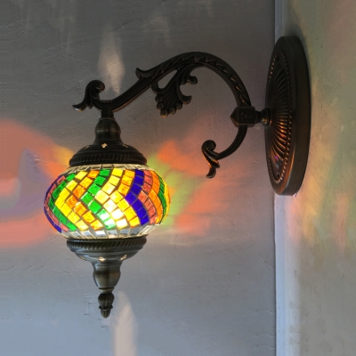 Glass Grid Lantern Wall Light Foyer Hallway 1 Light Moroccan Mosaic Wall Sconce in Brass