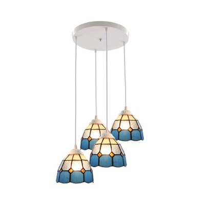 Glass Lattice Dome Hanging Lamp Dining Room 4 Lights Mediterranean Style Pendant Light in Blue