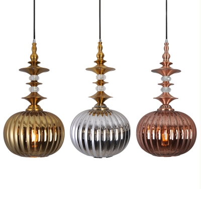 Glass Melon Shape Pendant Light Living Room 1 Light Modern Hanging Light in Copper/Chrome/Gold
