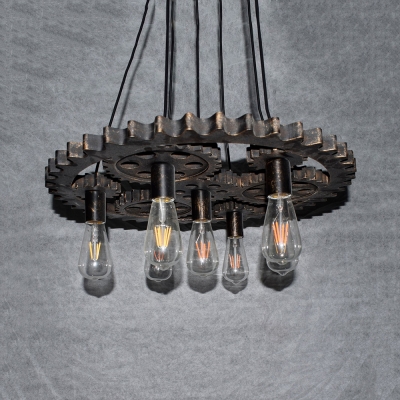 Glass Open Bulb Hanging Light 7 Lights Antique Pendant Light with Gear in Aged Brass for Bar