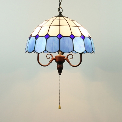 Glass Umbrella Shade Suspension Light with Pull Chain Vintage Hanging Light in Blue for Hotel