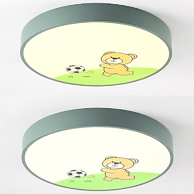 Green Round LED Flush Light with Bear Third Gear Cute Modern Acrylic Ceiling Light for Child Bedroom