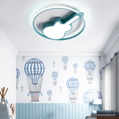 Guitar Shape LED Flush Mount Light Nordic Style Metal Candy Colored Ceiling Lamp in Warm/White for Teen