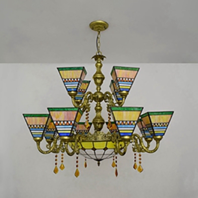 Stained Glass Craftsman Chandelier 13 Lights Tiffany Style Hanging Lamp with Crystal for Villa