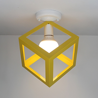 Macaron Cube Shade Flush Ceiling Light Metal 1 Light Blue/Green/Red/Yellow Ceiling Fixture for Balcony