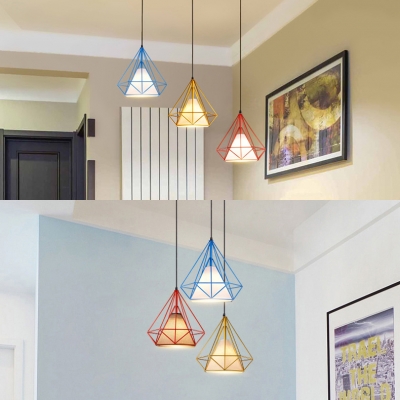Industrial Diamond Cage Ceiling Light Metal 3 Lights Linear/Round Canopy Suspension Light for Kitchen