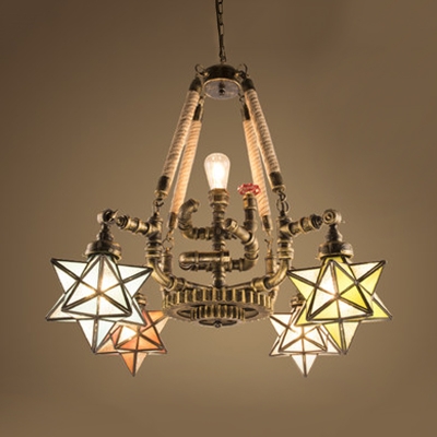 Industrial Star/House Chandelier 5 Lights Metal Stained Glass Suspension Light for Shop Bar