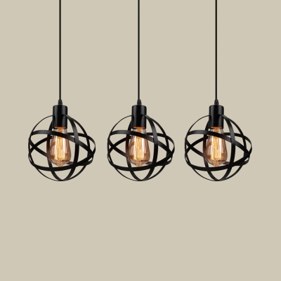 Industrial Wire Globe Ceiling Light 3 Lights Linear/Round Canopy Hanging Light in Black for Bar