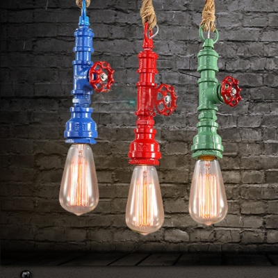 Iron Water Pipe Pendant Light Cafe One Light Retro Loft Suspension Light in Blue/Green/Red