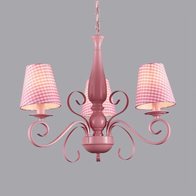 Kids Tapered Shade Chandelier 3 Lights Fabric Pendant Light in Pink for Girl Bedroom