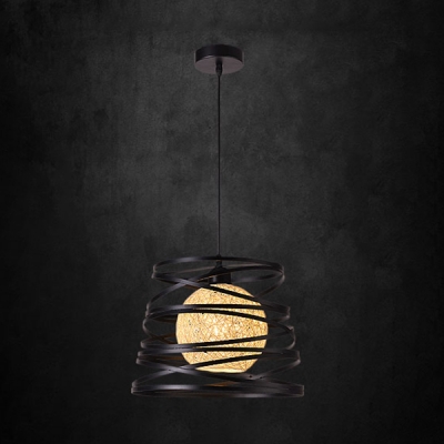 Linen Orb Suspension Light 1 Light Vintage Pendant Lamp with Spiral Shade in Black/White for Shop