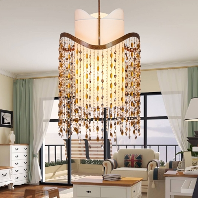 Living Room Cylinder Hanging Lamp Metal 3 Lights Antique Style Chandelier with Colorful Crystal