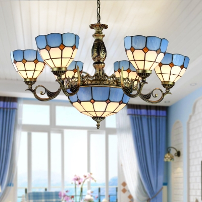 Mediterranean Style Dome Chandelier Glass 9 Lights Blue Hanging Light for Restaurant Hotel