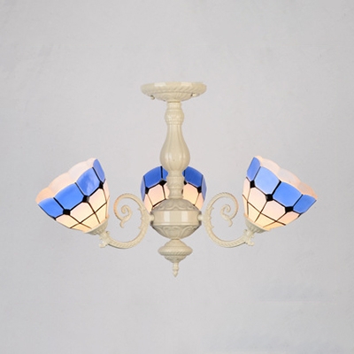 Mediterranean Style Dome Chandelier Stained Glass 3/5 Lights Blue Hanging Light for Study Room