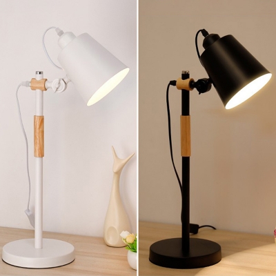Metal Bucket Shade LED Desk Lamp 1 Light Simple Style Rotatable Study Light in Black/White for Bedroom