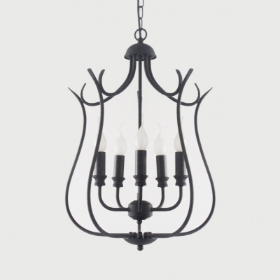 Metal Candle Shape Hanging Lamp Restaurant Cafe 5 Lights American Rustic Chandelier in Black