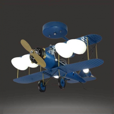 Metal Propeller Airplane Ceiling Lamp Four Heads Modern Cartoon Semi Flushmount Light in Blue for Teen