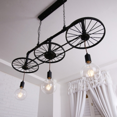 Metal Wheel Pendant Light Dining Room 3 Lights Industrial Suspension Light in Black