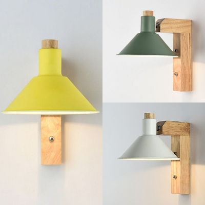 Modern Macaron Green/Yellow/White Cone 1 Light Metal Wood Rotatable Sconce Light for Hallway