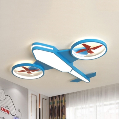 Modern Propeller Airplane Ceiling Lamp Metal Blue/Green Flush Mount Light in Warm/White/Stepless Dimming for Kid Bedroom