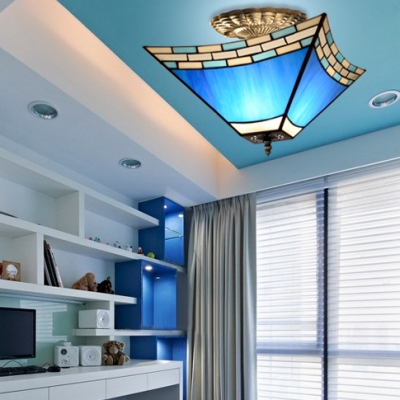 Nautical Craftsman Semi Flush Mount Light 1 Light Glass Ceiling Lamp in Blue for Living Room
