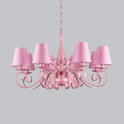 Pink Flower/Lace/Plaid Chandelier with Tapered Shade 8 Lights Metal Hanging Lamp for Living Room