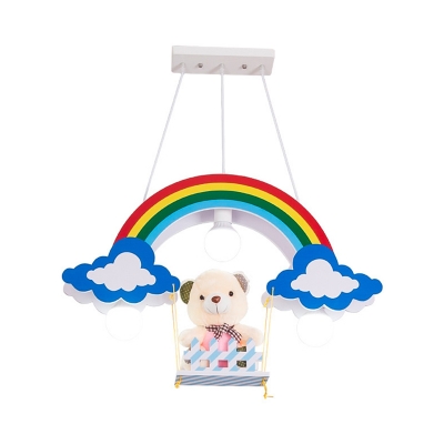 Rainbow Kid Bedroom Ceiling Light with Toy Bear Wood 3 Lights Lovely Hanging Lamp in Multi Color