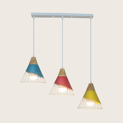Restaurant Cone Ceiling Lamp with Wire Frame Wood 3 Lights Nordic Style Linear/Round Canopy Hanging Light