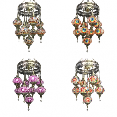 Restaurant Lantern Shape Hanging Light Stained Glass 9 Lights Moroccan Turkish Chandelier