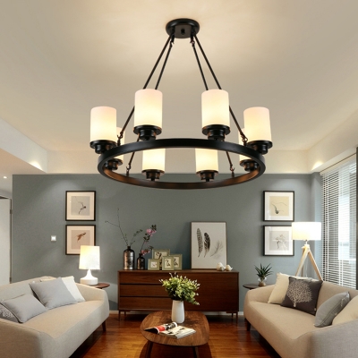 Simple Style Cylinder Chandelier Frosted Glass 3/6/8 Lights Black Pendant Light for Dining Room