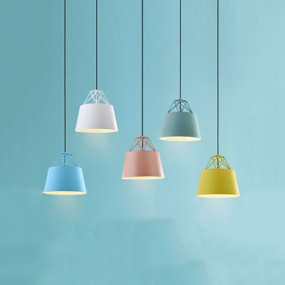 Single Light Bucket Hanging Light with Wire Frame Nordic Metal Pendant Light with Macaron Color for Cloth Shop