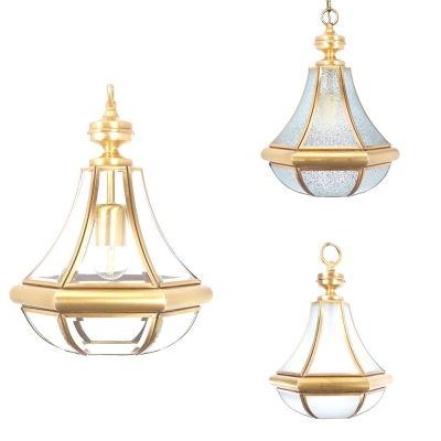 Single Light Hanging Lighting Colonial Style Metal Glass Pendant Light in Brass for Dining Room
