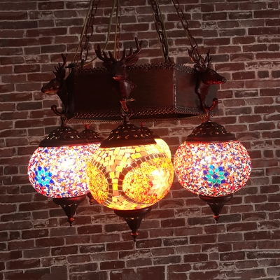 Sphere Restaurant Pendant Light with Deer Metal 6 Lights Moroccan Rustic Colorful Chandelier