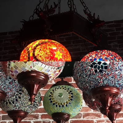 Sphere Restaurant Pendant Light with Deer Metal 6 Lights Moroccan Rustic Colorful Chandelier