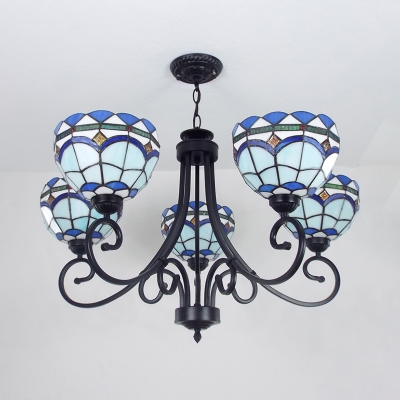 Stained Glass Domed Hanging Light Living Room Villa 5 Lights Tiffany Style Chandelier