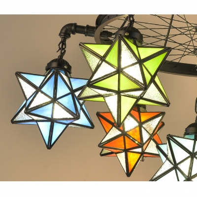 Stained Glass Star Hanging Light Restaurant 2-Tier 10 Lights Tiffany Style Vintage Chandelier