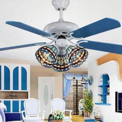 Tiffany Blue Semi Flush Ceiling Light Dome Shade 3/5 Lights Glass LED Ceiling Fan for Dining Room