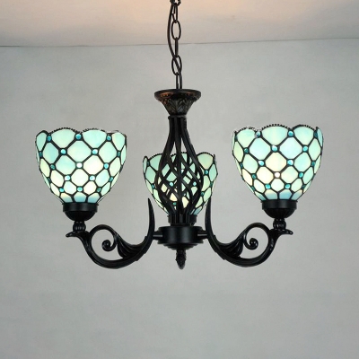 Tiffany Style Dome Chandelier Glass Metal 3 Lights Blue Pendant Light with Jewelry for Foyer Bathroom