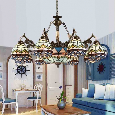 Tiffany Style Dome Shade Chandelier Stained Glass Hanging Light for Living Room Villa