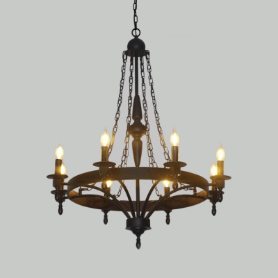 Villa Candle Shape Chandelier Light Metal 12 Lights Colonial Style Black Pendant Lamp