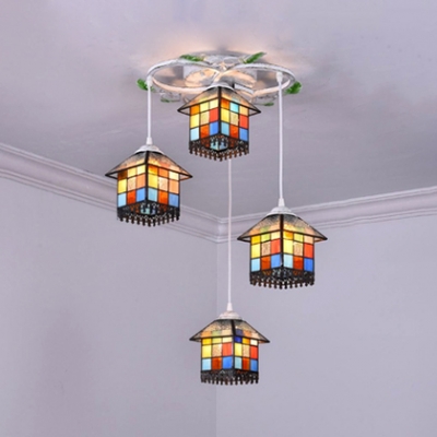 Villa House Shade Ceiling Pendant Stained Glass 4 Lights Tiffany Antique Suspension Light