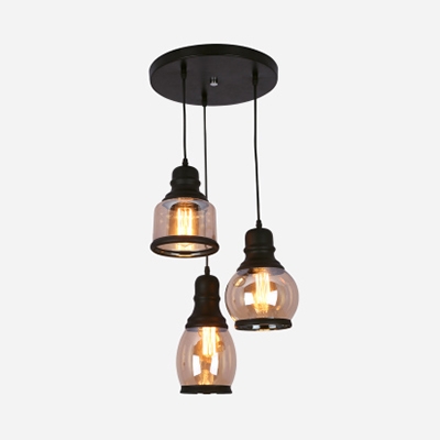 Vintage Style Black Island Light 3 Lights Glass Linear/Round Canopy Pendant Lamp for Kitchen