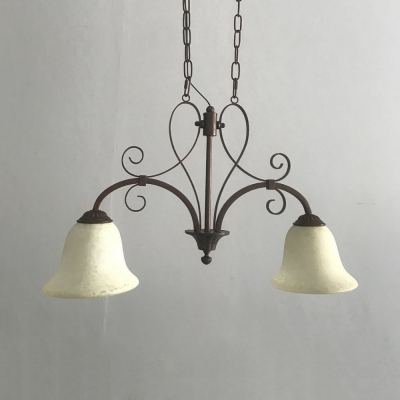 Vintage Style Linear Chandelier with Bell Shade 2 Lights Frosted Glass Island Light for Bar