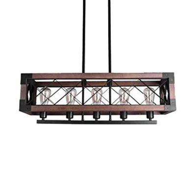 Vintage Style Square Cage Ceiling Pendant Wood 5 Lights Island Light for Dining Room